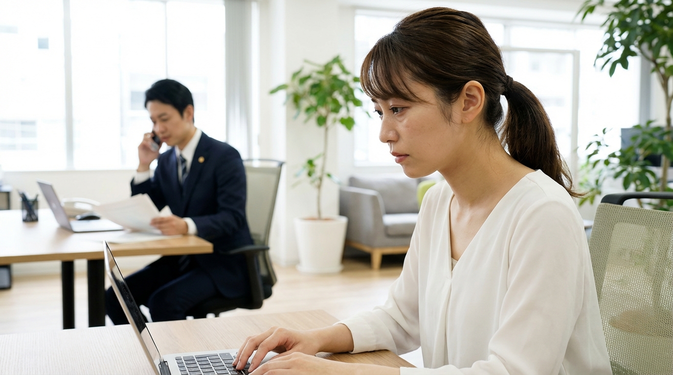 司法書士に会社設立を依頼し、本業の準備に集中する女性起業家。専門家に任せることで得られる安心感を表現している。