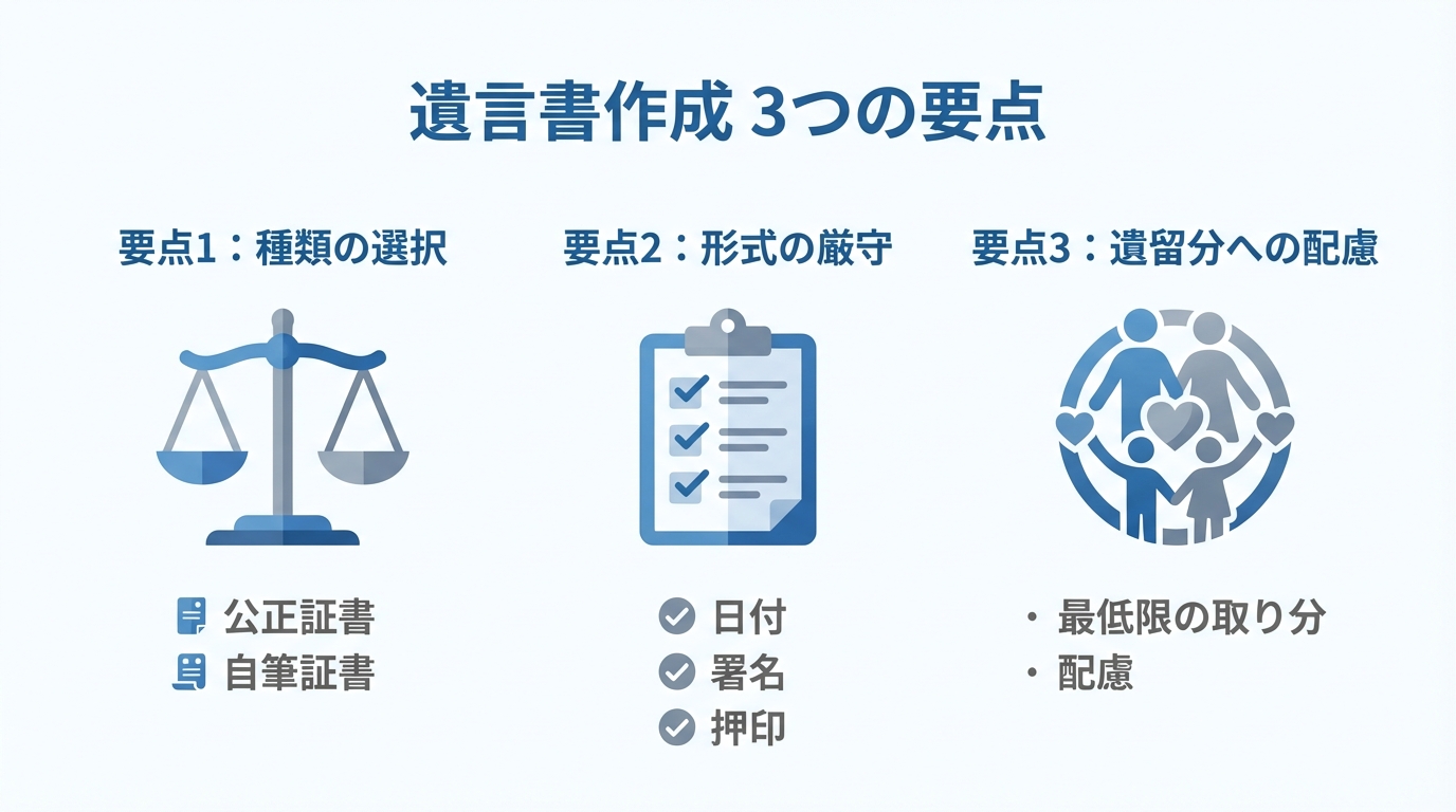 有効な遺言書を作成するための3つの要点をまとめた図解。種類の選択、形式の厳守、遺留分への配慮の3点。