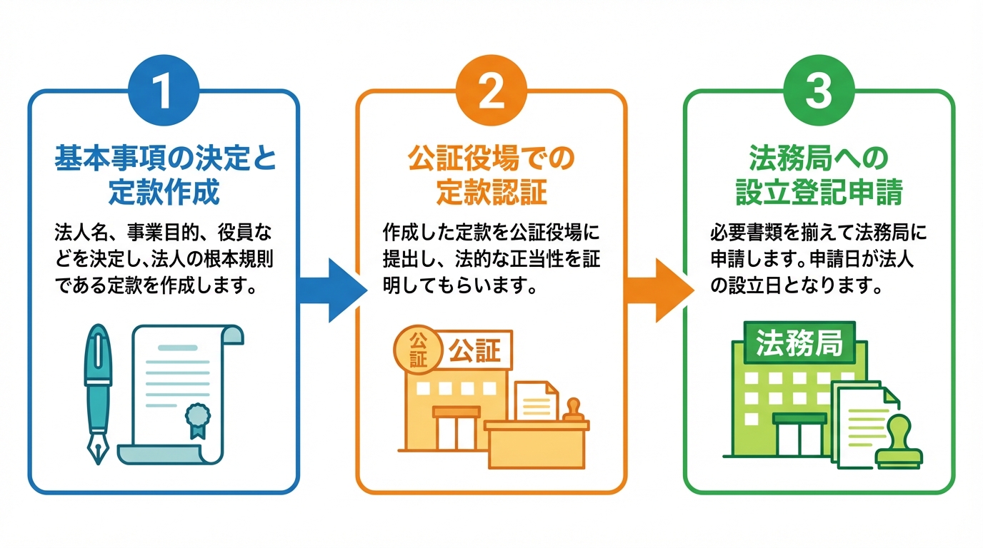 一般社団法人設立の手続きの流れを示した図解。ステップ1「基本事項の決定と定款作成」、ステップ2「公証役場での定款認証」、ステップ3「法務局への設立登記申請」の3段階で解説。
