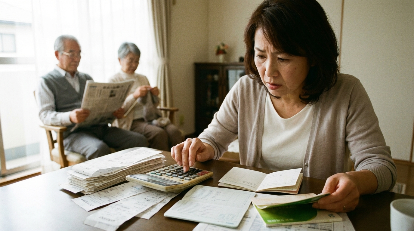 任意後見人になった親族が、親の通帳や領収書を前にして、お金の管理に悩んでいる様子。
