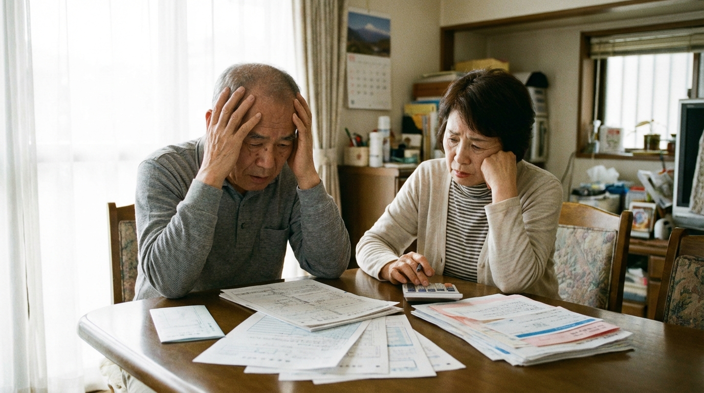 相続手続きの複雑な書類を前に、困った表情でテーブルに向かう高齢の夫婦の様子。