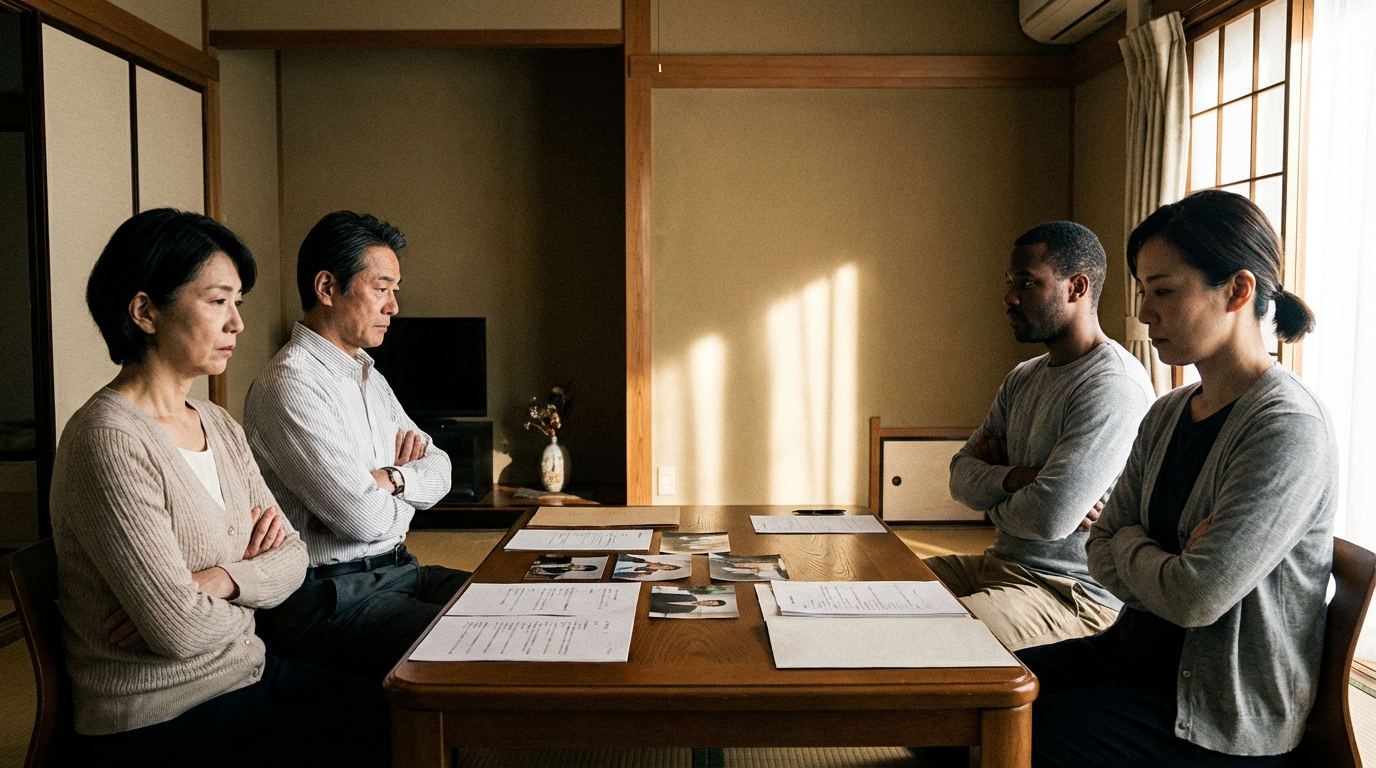 リビングで気まずい雰囲気で向かい合う、再婚した夫婦とその子どもたち。相続問題の複雑さを象徴している。