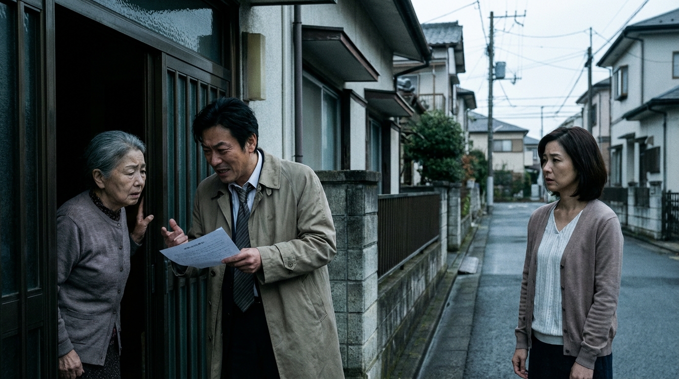 不動産の押し買いを警戒する家族。強引に契約を迫る業者と困惑する高齢の母親の様子。