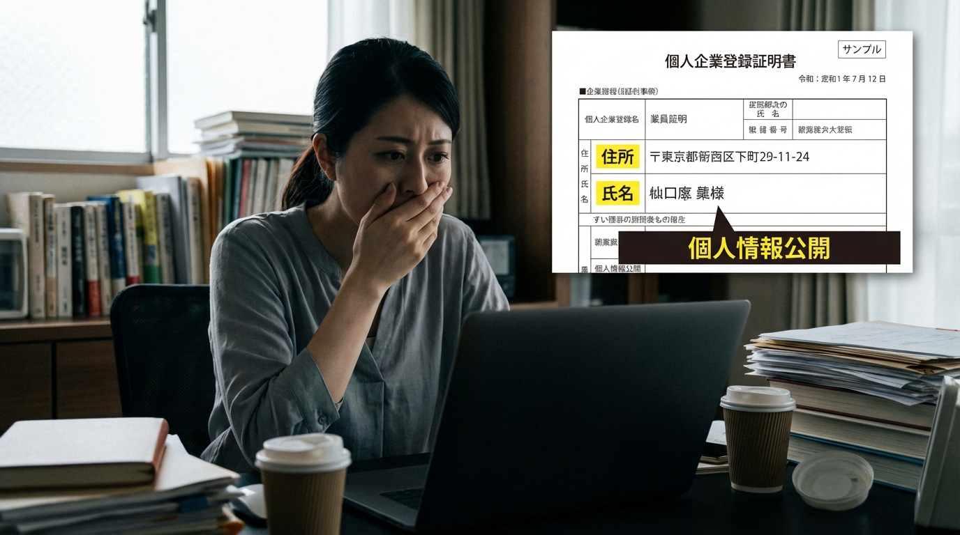 会社設立時の登記簿謄本を見て、個人情報が公開されるリスクに不安を感じている女性起業家。