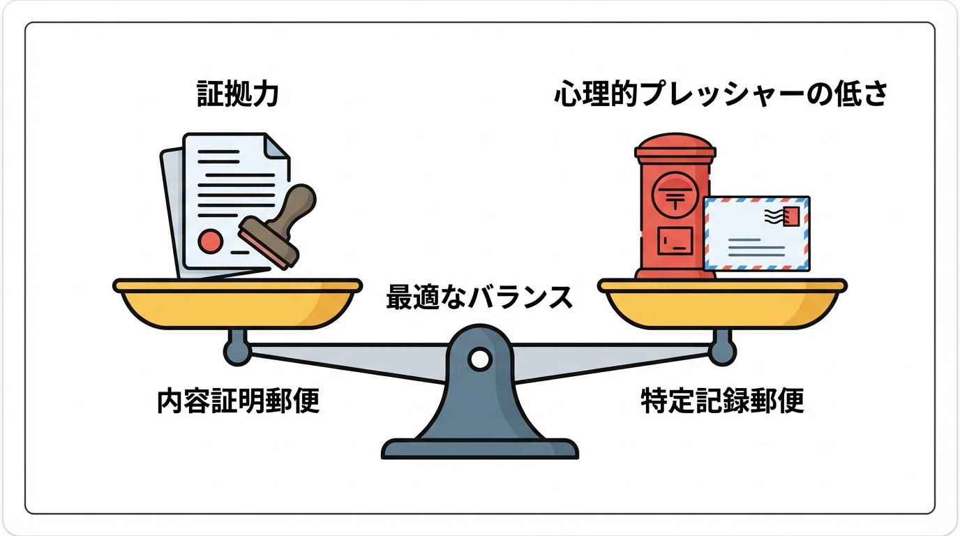 相続での郵送方法の選択基準を示す図解。証拠力と心理的プレッシャーのバランスを天秤で表現し、内容証明郵便が証拠力が高い一方、特定記録郵便はプレッシャーが低いことを示している。