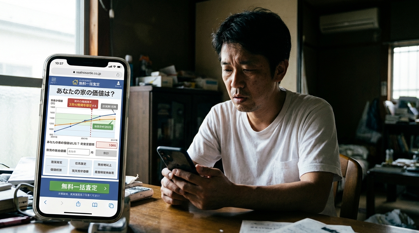 不動産査定サイトを見て、営業電話の多さにうんざりしている様子の男性