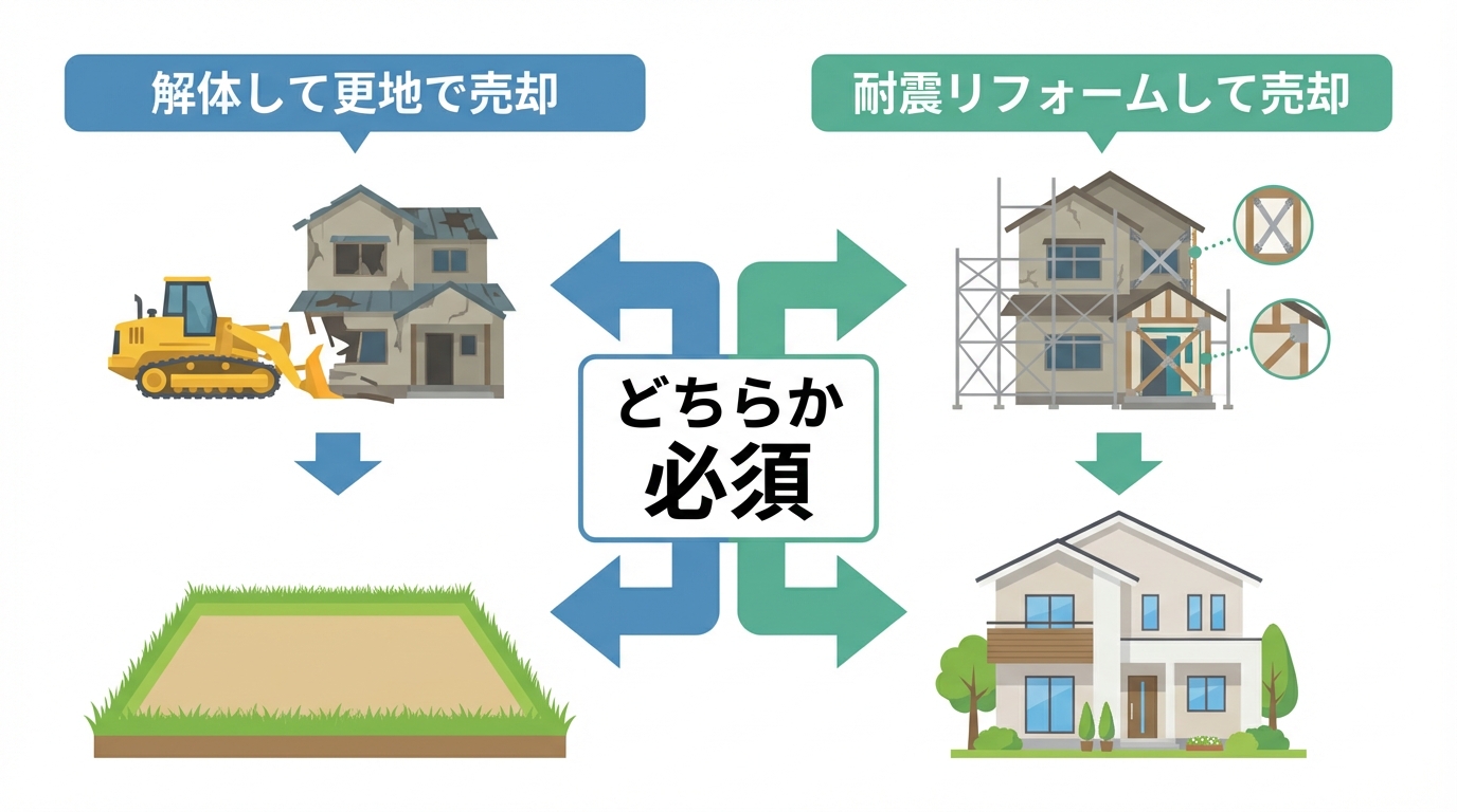 空き家3000万円控除の要件である「解体して更地で売却」と「耐震リフォームして売却」の2つの選択肢を比較した図解。