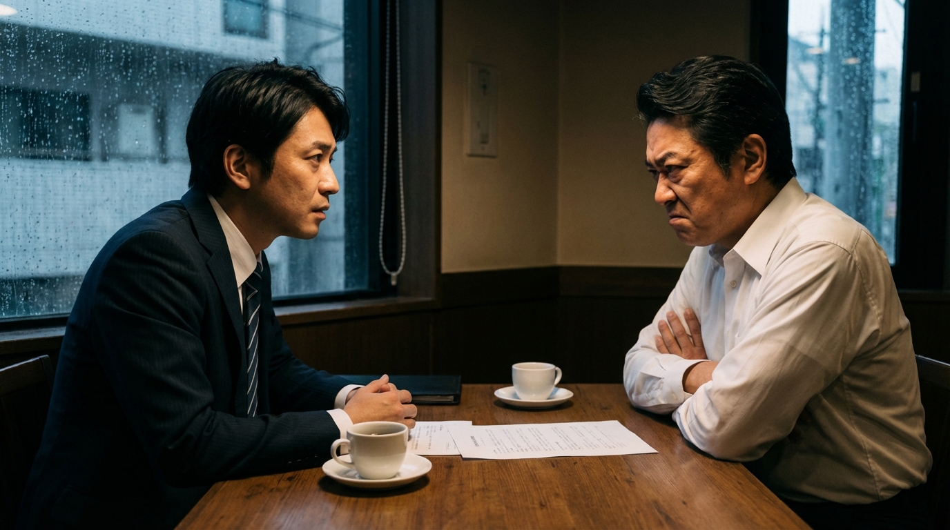 喫茶店でクレーマー気質の相続人と対峙する司法書士のイメージ写真。専門家でも対応が難しい状況を表している。