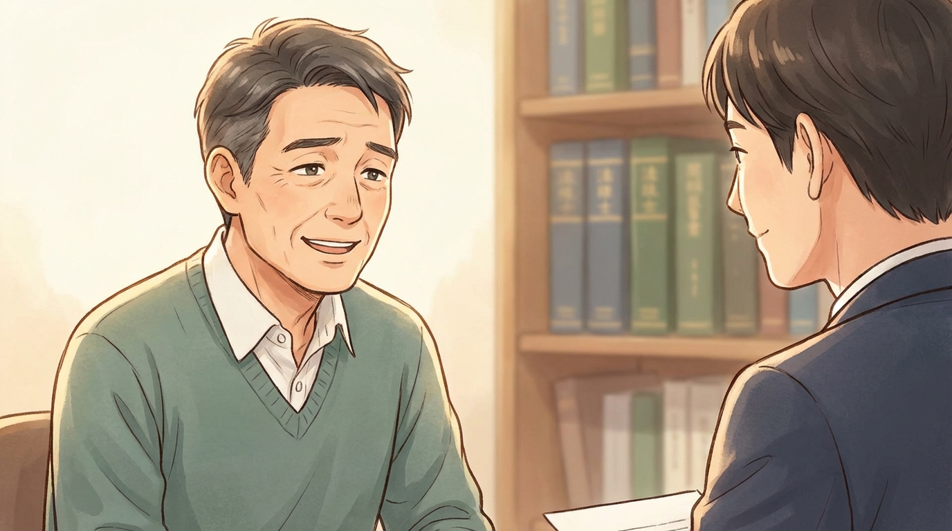 不動産投資の借金問題について司法書士に相談し、少し安堵の表情を浮かべる男性。