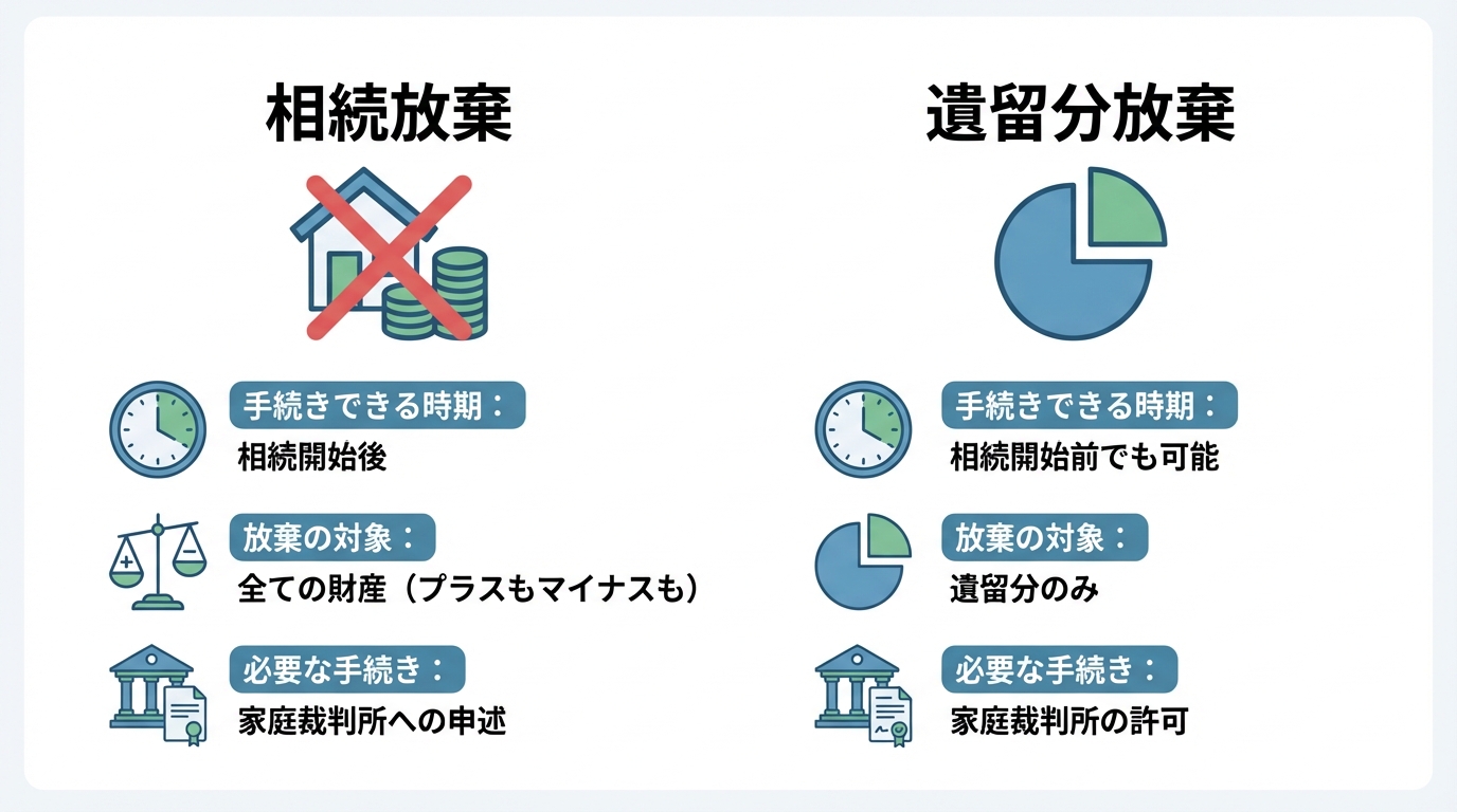 相続放棄と遺留分放棄の違いを比較した図解。手続き時期、放棄対象、必要な手続きの3つの観点から両者の違いを分かりやすく示している。