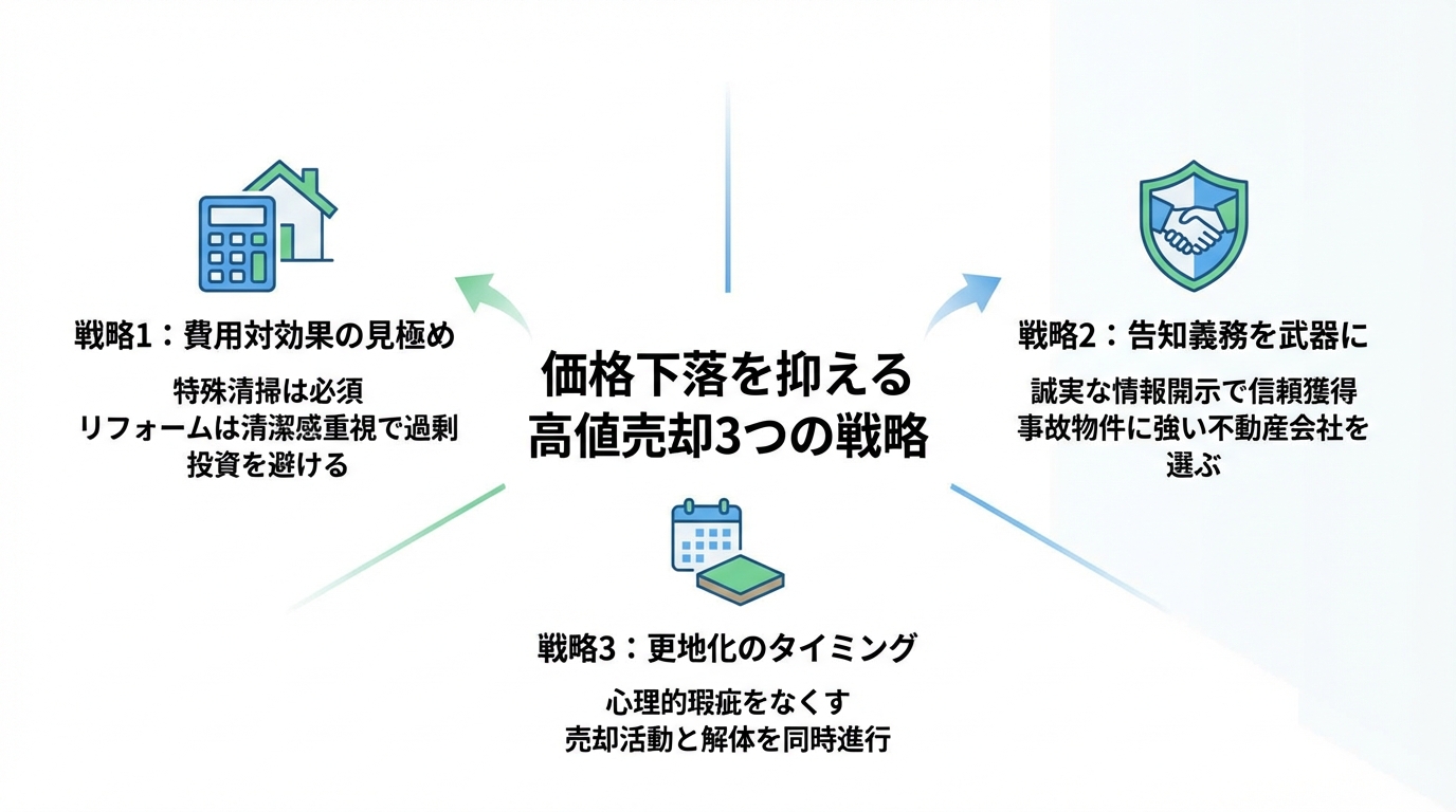 孤独死アパートの価格下落を防ぐ3つの売却戦略を示した図解。費用対効果の見極め、告知義務の活用、更地化のタイミングという3つのポイントが解説されている。