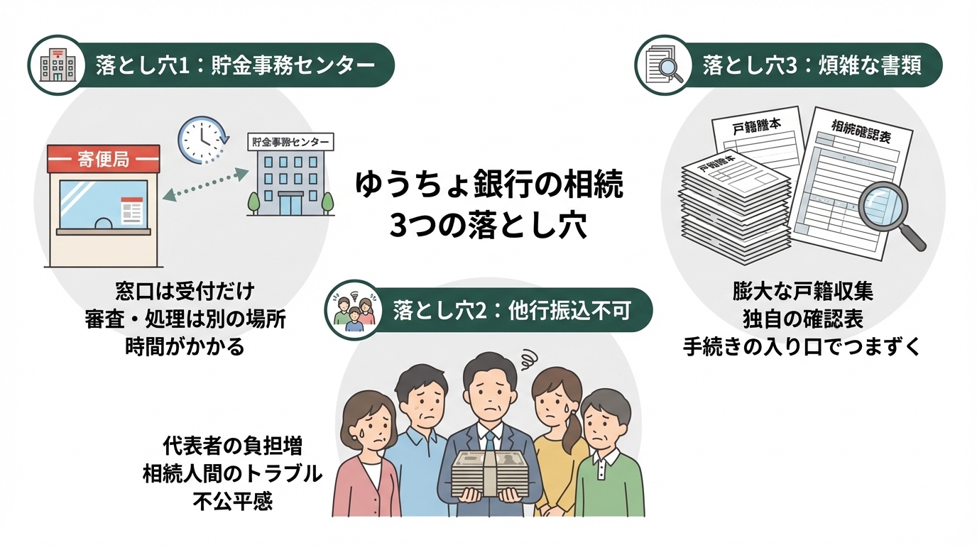 ゆうちょ銀行の相続が難しい3つの理由を示した図解。「貯金事務センター」「他行振込不可」「煩雑な書類」という3つの落とし穴がイラスト付きで解説されている。