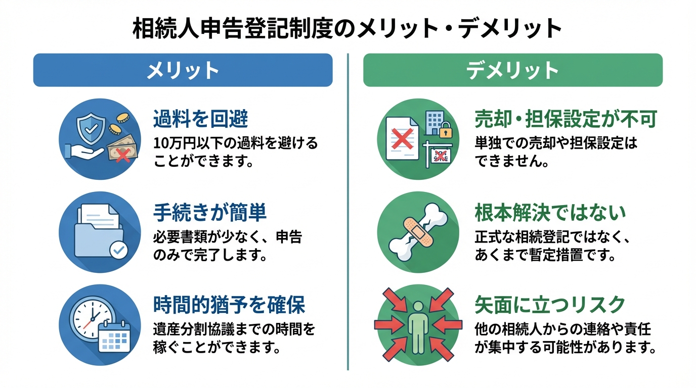 相続人申告登記制度のメリット（過料回避、手続きが簡単、時間的猶予）とデメリット（売却不可、根本解決ではない、矢面に立つリスク）を比較した図解。