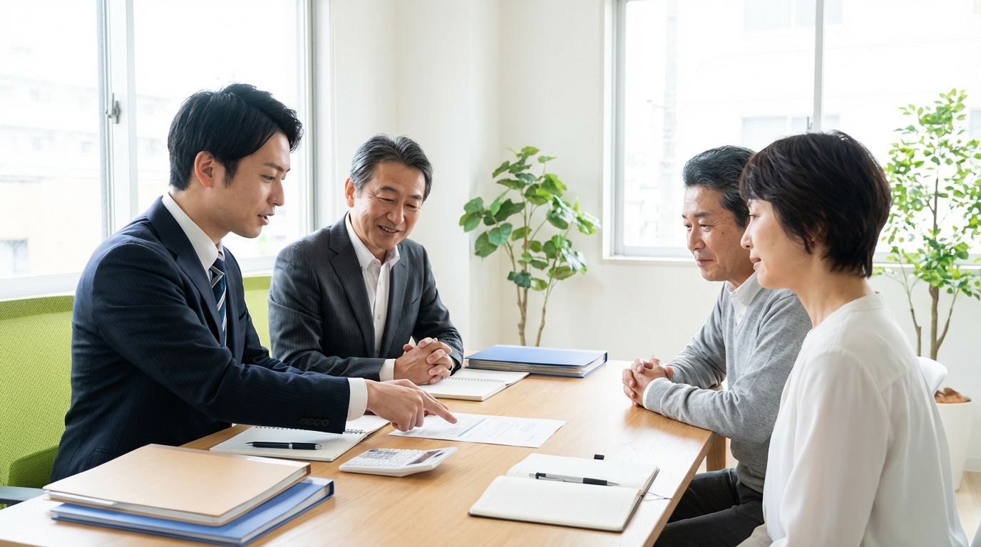 司法書士と税理士が連携して、数次相続の相談に乗っている様子。専門家が協力して最適な解決策を提案している。