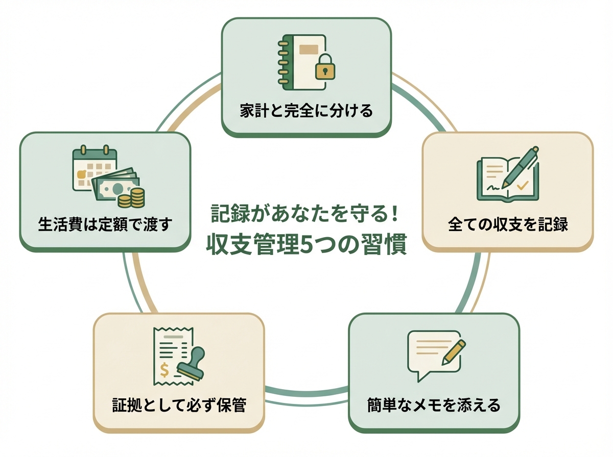 任意後見人のための簡単な収支管理の5つのコツを図解したインフォグラフィック。専用ノート、全収支記録、メモ、領収書保管、定額生活費というポイントが示されている。