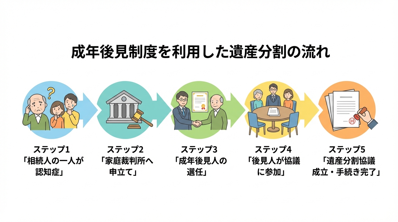 成年後見制度を利用した遺産分割の流れを示した図解。相続人の認知症発覚から、家庭裁判所への申立て、後見人選任、協議参加、手続き完了までの5ステップをアイコン付きで解説しています。