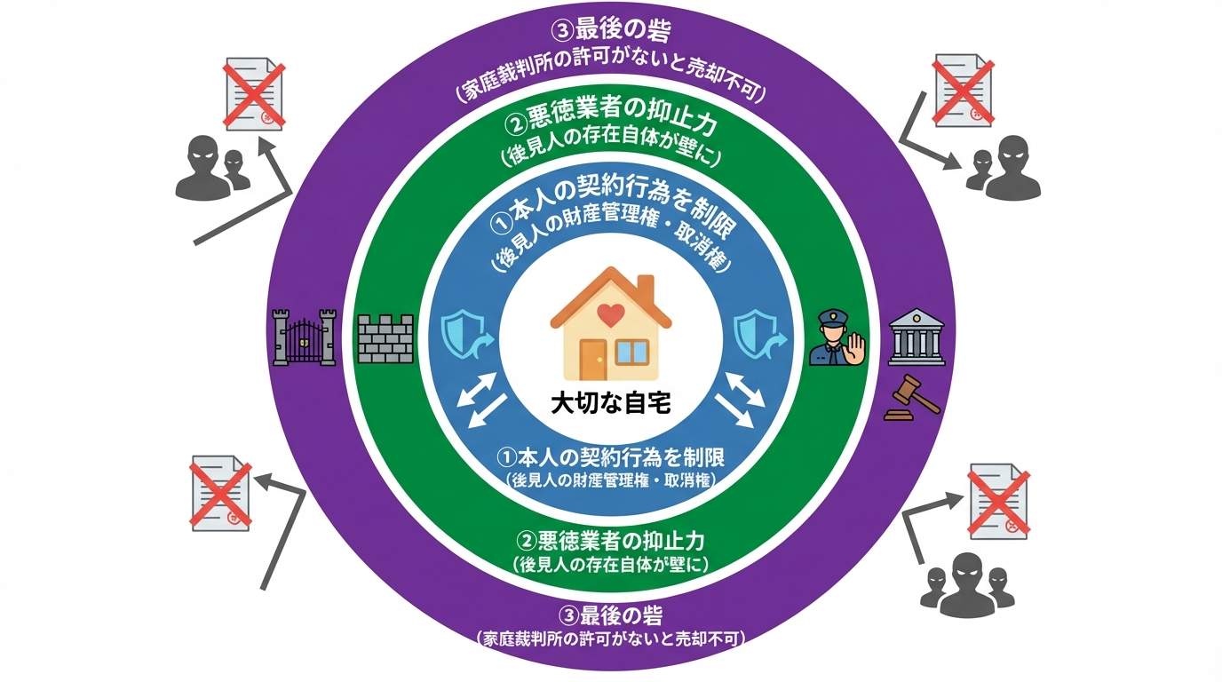 成年後見制度が不動産詐欺から財産を守る仕組みを図解。後見人の権限と家庭裁判所の許可という二重の防御壁を示している。