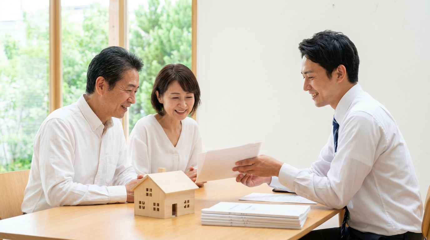 司法書士に相続登記と不動産査定の相談をし、安心している夫婦の様子