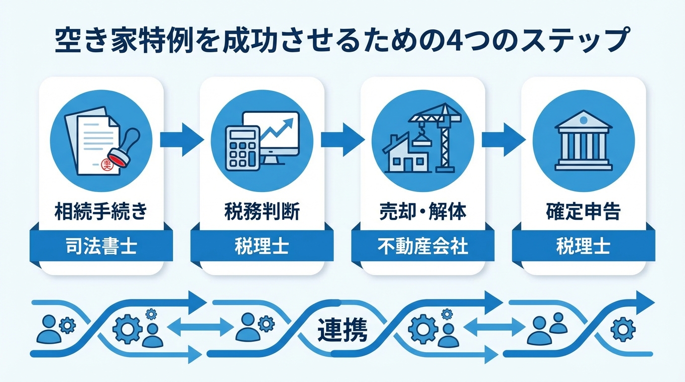 空き家特例を成功させるための4ステップ（相続手続き、税務判断、売却・解体、確定申告）と各専門家の役割を示したフローチャート。