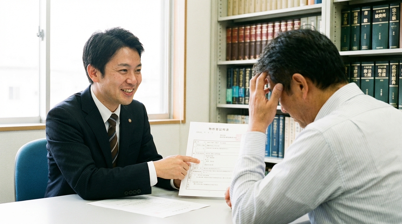 司法書士が有限会社の経営者に対して、複雑な役員変更登記について説明している様子。専門家への相談の重要性を示唆している。