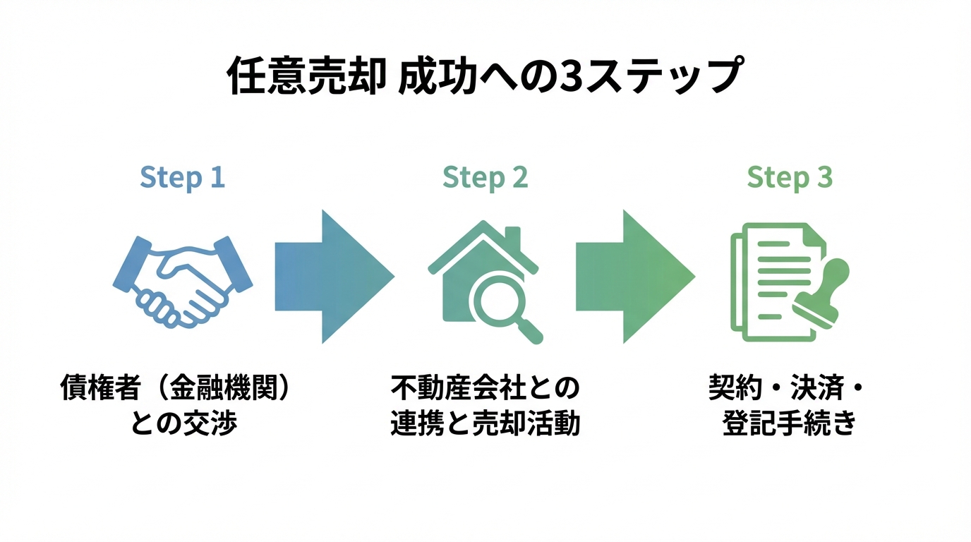任意売却を成功させるための3つのステップ（債権者との交渉、不動産会社との連携、契約・登記手続き）を示した図解。