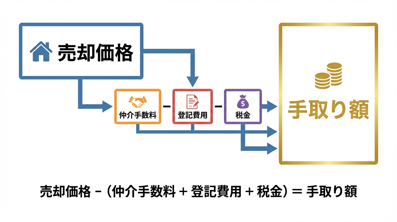不動産売却の手取り額計算の仕組みを示す図解。売却価格から仲介手数料、登記費用、税金が差し引かれて手取り額が算出されることを視覚的に表現。