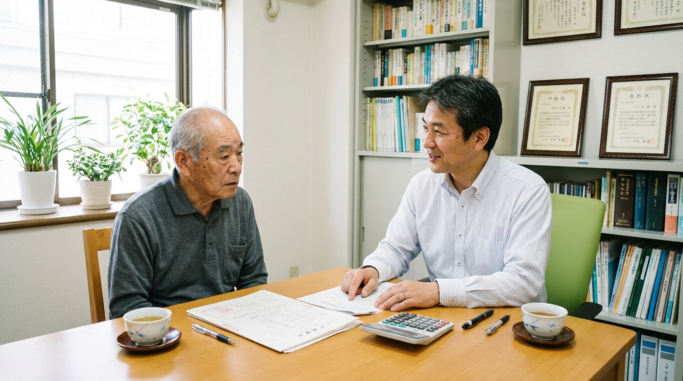 司法書士事務所で、相続問題について専門家である司法書士に相談している男性。真剣な表情で話を聞いている。
