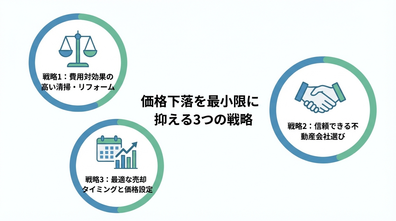 孤独死物件の価格下落を最小限に抑えるための3つの戦略(特殊清掃とリフォーム、不動産会社選び、売却タイミング)を示した図解。