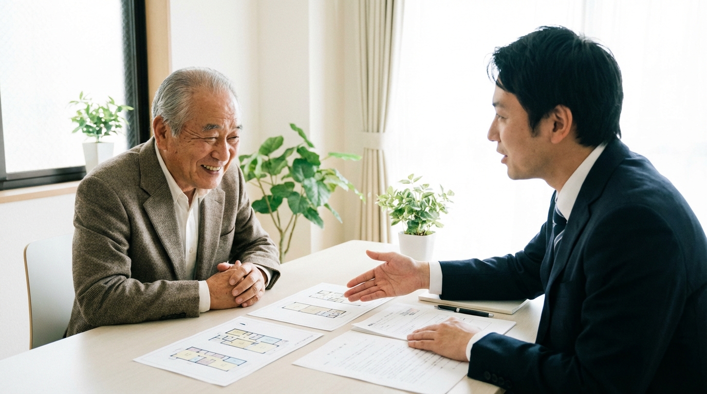 司法書士事務所で相談する大家。司法書士からの説明に、安心した表情で頷いている。