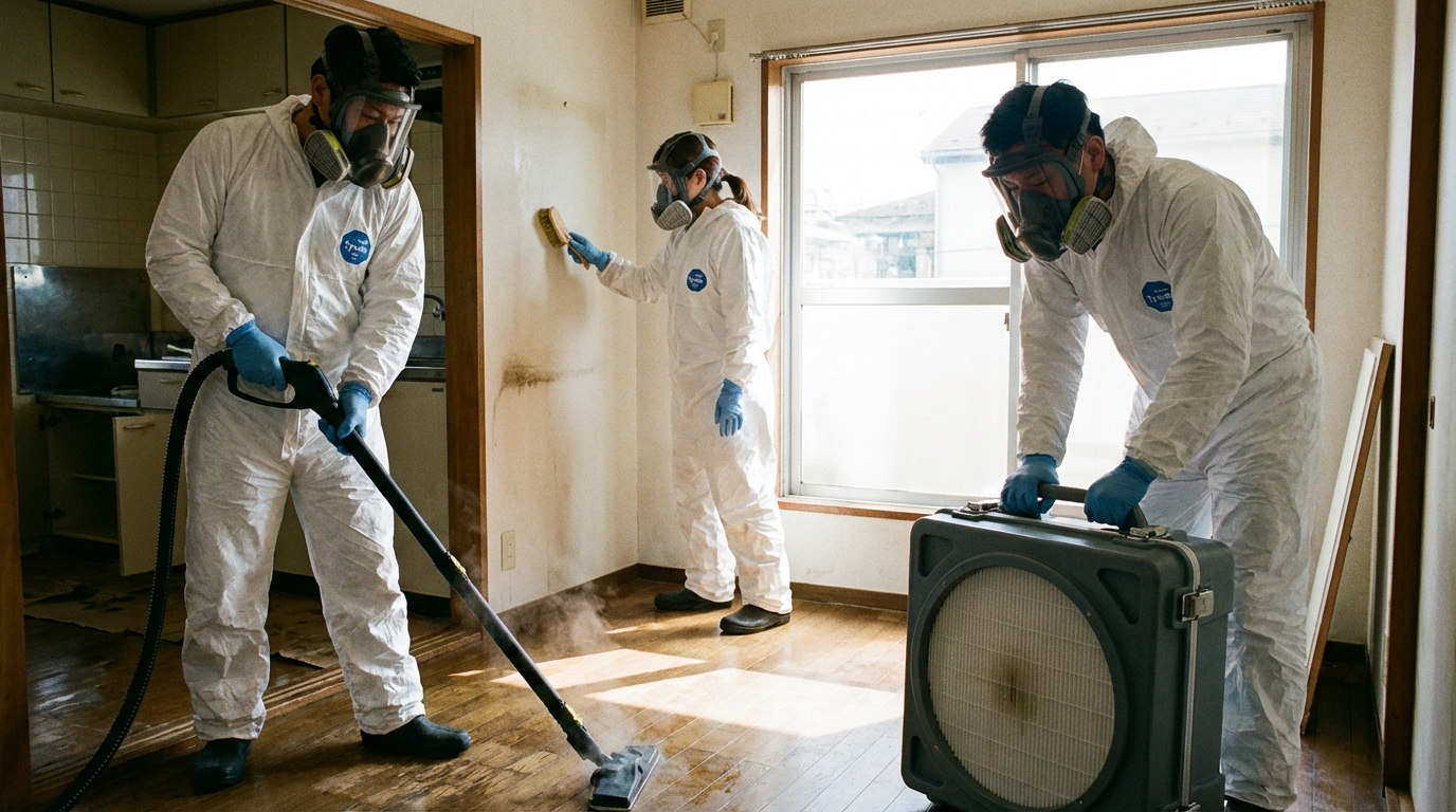 防護服を着用した特殊清掃業者が、孤独死があった部屋を専門機材で清掃している様子。プロフェッショナルな作業風景。