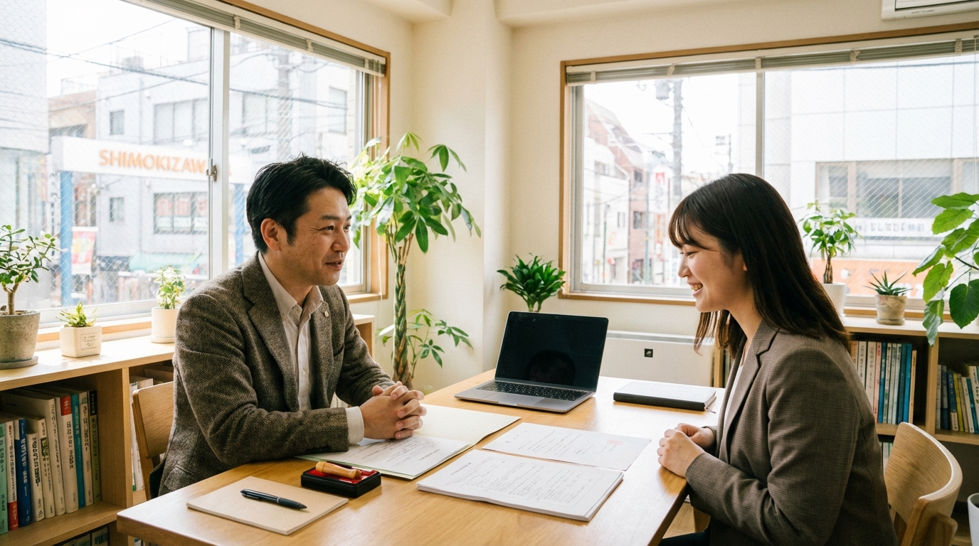 司法書士に会社設立時の個人情報保護について相談し、安心している女性起業家。