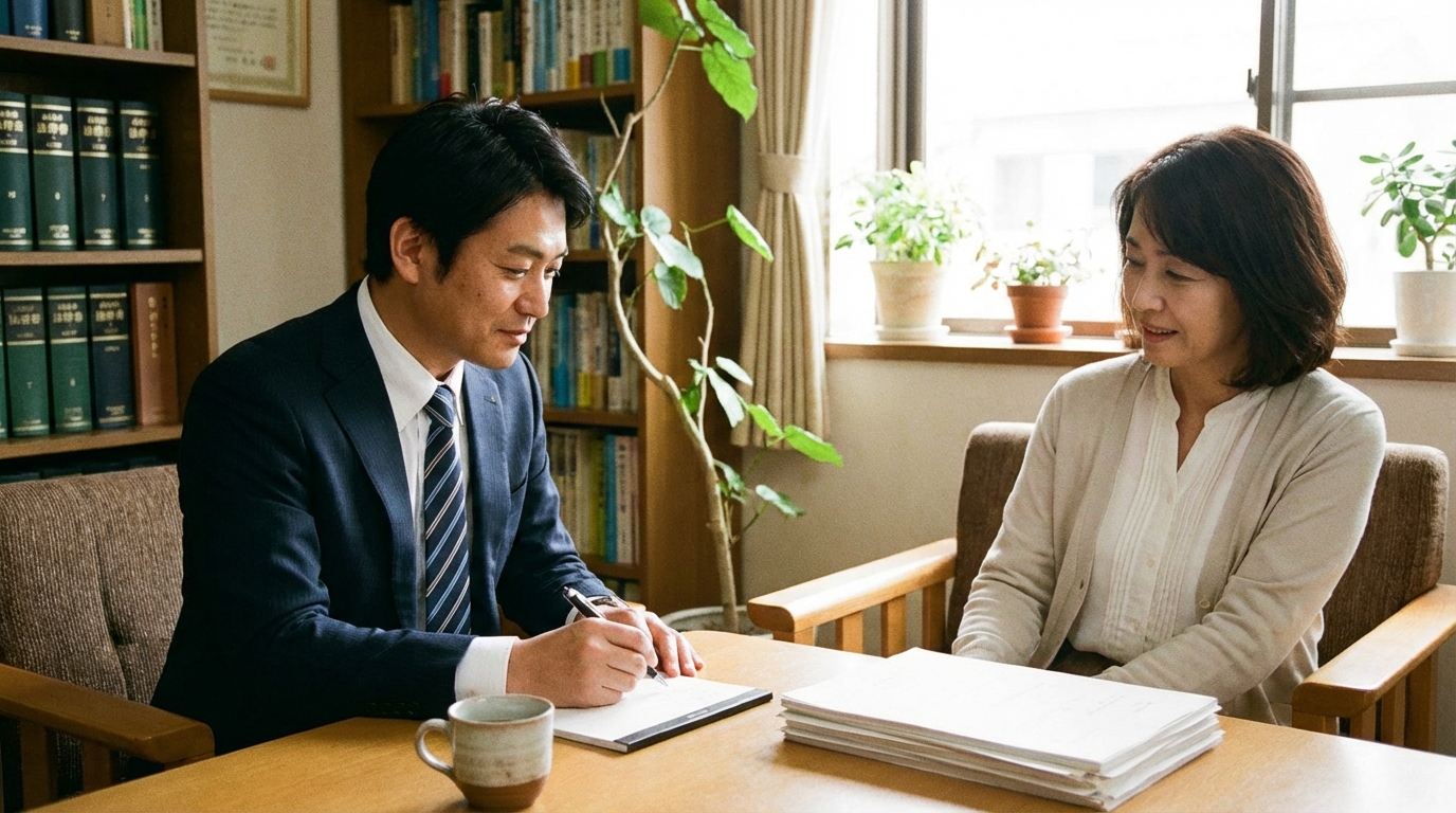 司法書士が依頼者の話を傾聴している相談風景。依頼者の精神的負担を軽減する専門家の役割を示している。