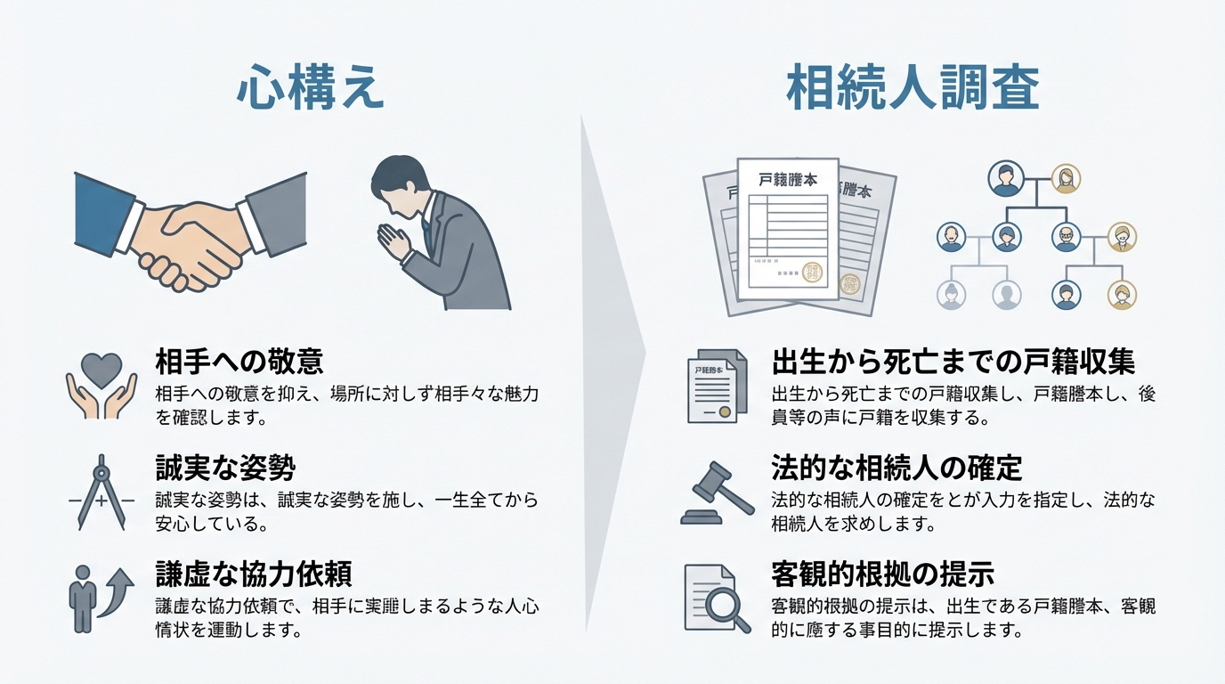 相続人への手紙を送る前に必要な「心構え」と「相続人調査」の2つの準備を解説した図解。相手への敬意と法的な相続人の確定の重要性を示している。