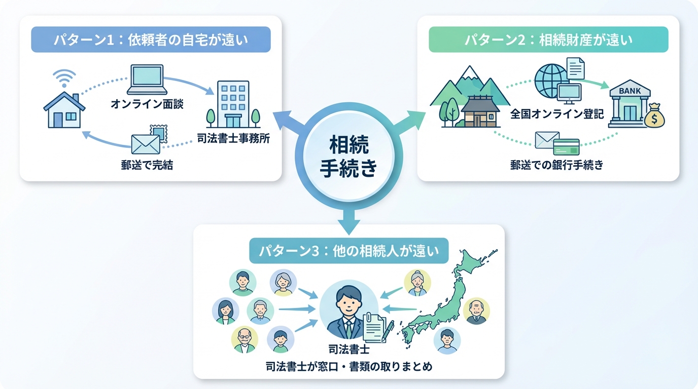 相続手続きにおける3つの遠方パターンを図解。依頼者の自宅が遠い場合、相続財産が遠い場合、他の相続人が遠い場合のそれぞれの対応方法が示されている。