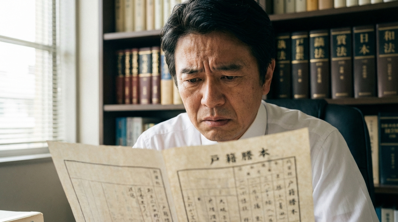 戸籍謄本を前に、依頼者への伝え方に悩む司法書士の真剣な横顔。