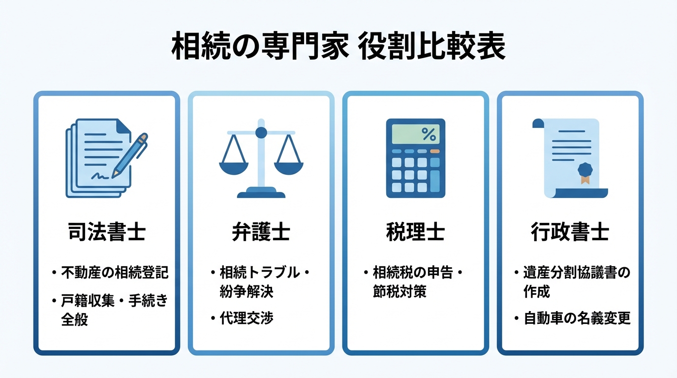 司法書士、弁護士、税理士、行政書士という相続に関わる4つの専門家の役割を比較した表形式のインフォグラフィック。それぞれの専門分野が一目でわかるようになっている。