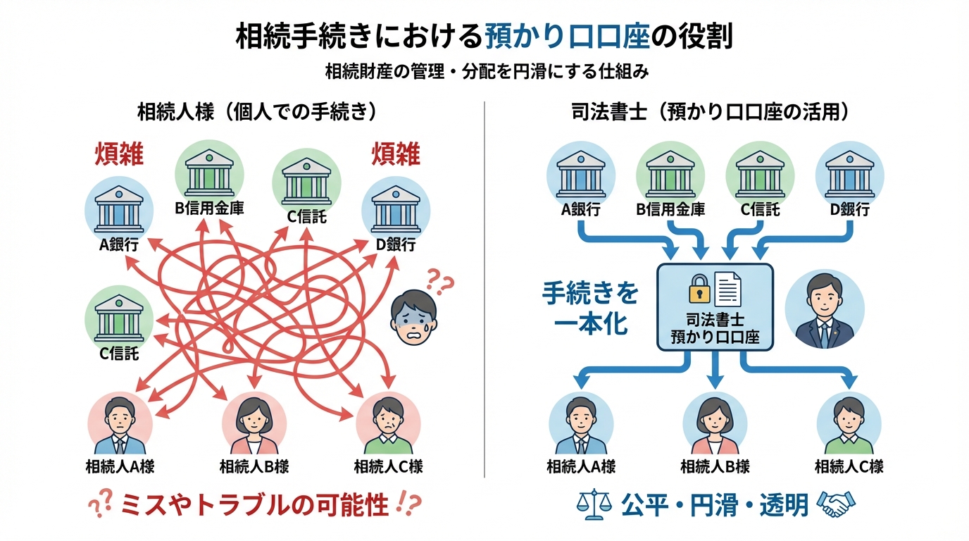 司法書士の預かり口口座が相続手続きを円滑化する仕組みの図解。個人手続きの複雑さと、司法書士を介した場合のシンプルさを対比している。