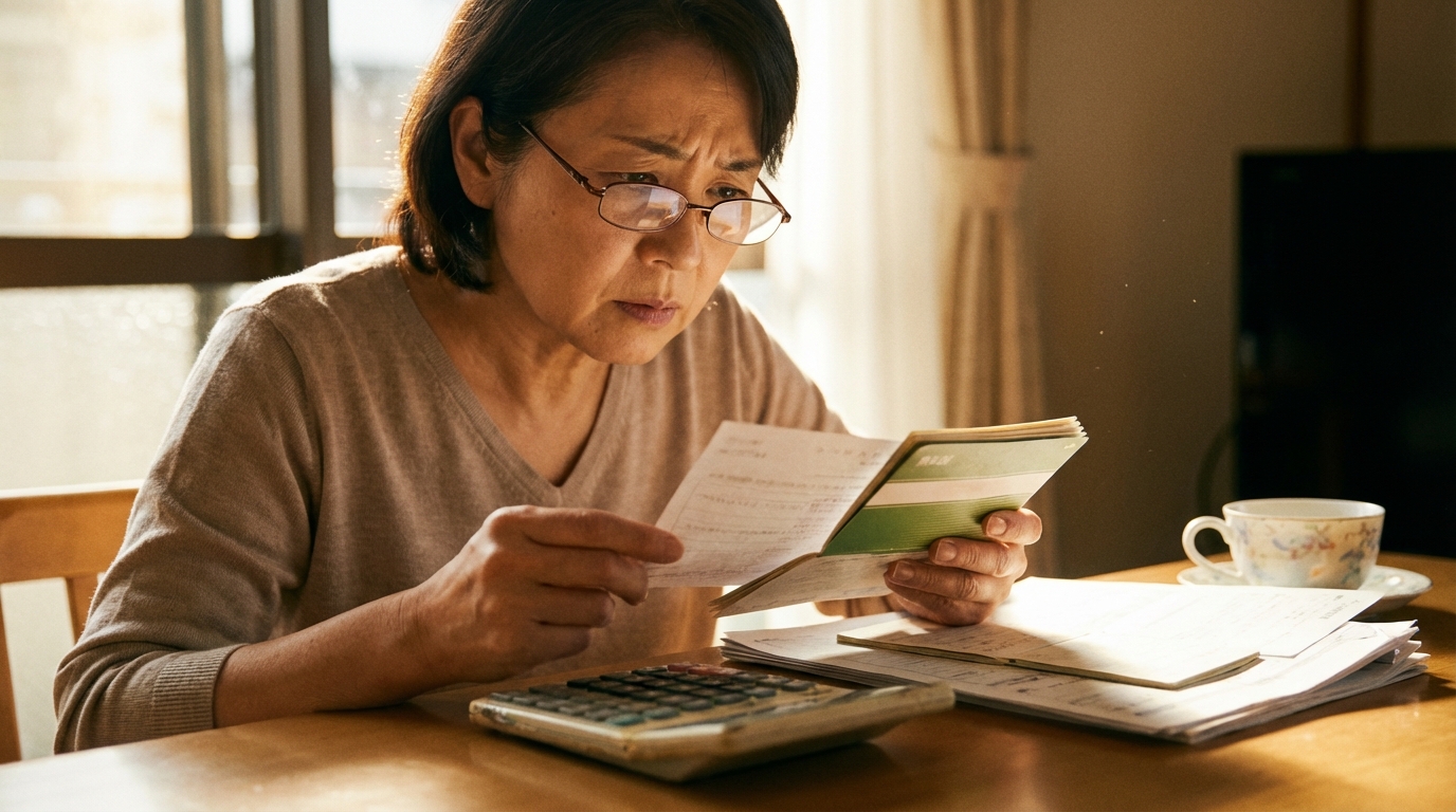 成年後見申立てを前に、親の通帳を確認しながら不安な表情を浮かべる女性。