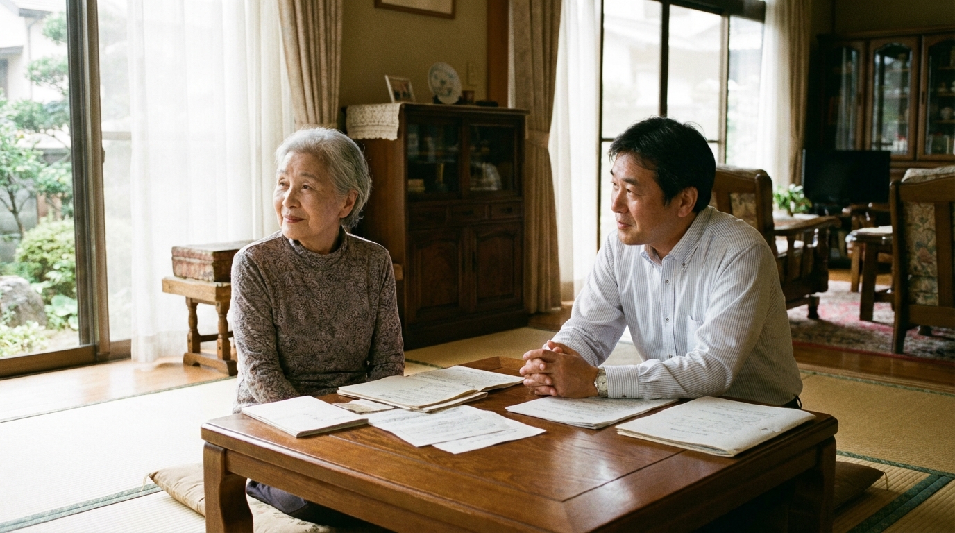 相続登記の相談をする女性。司法書士に話すことで気持ちの整理をつけている様子。