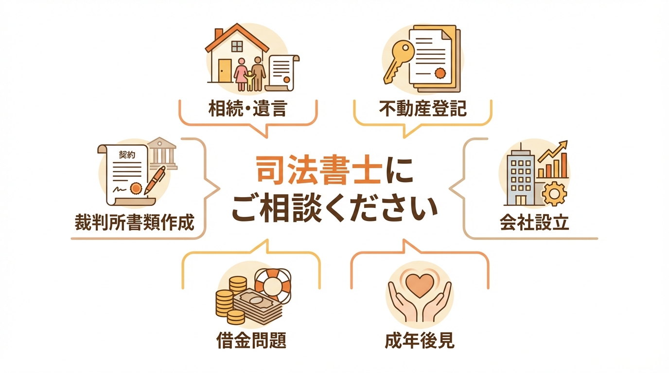 司法書士が対応する主な業務内容をアイコンで示した図解。相続、不動産登記、会社設立、成年後見、借金問題、裁判所書類作成の6つが挙げられている。