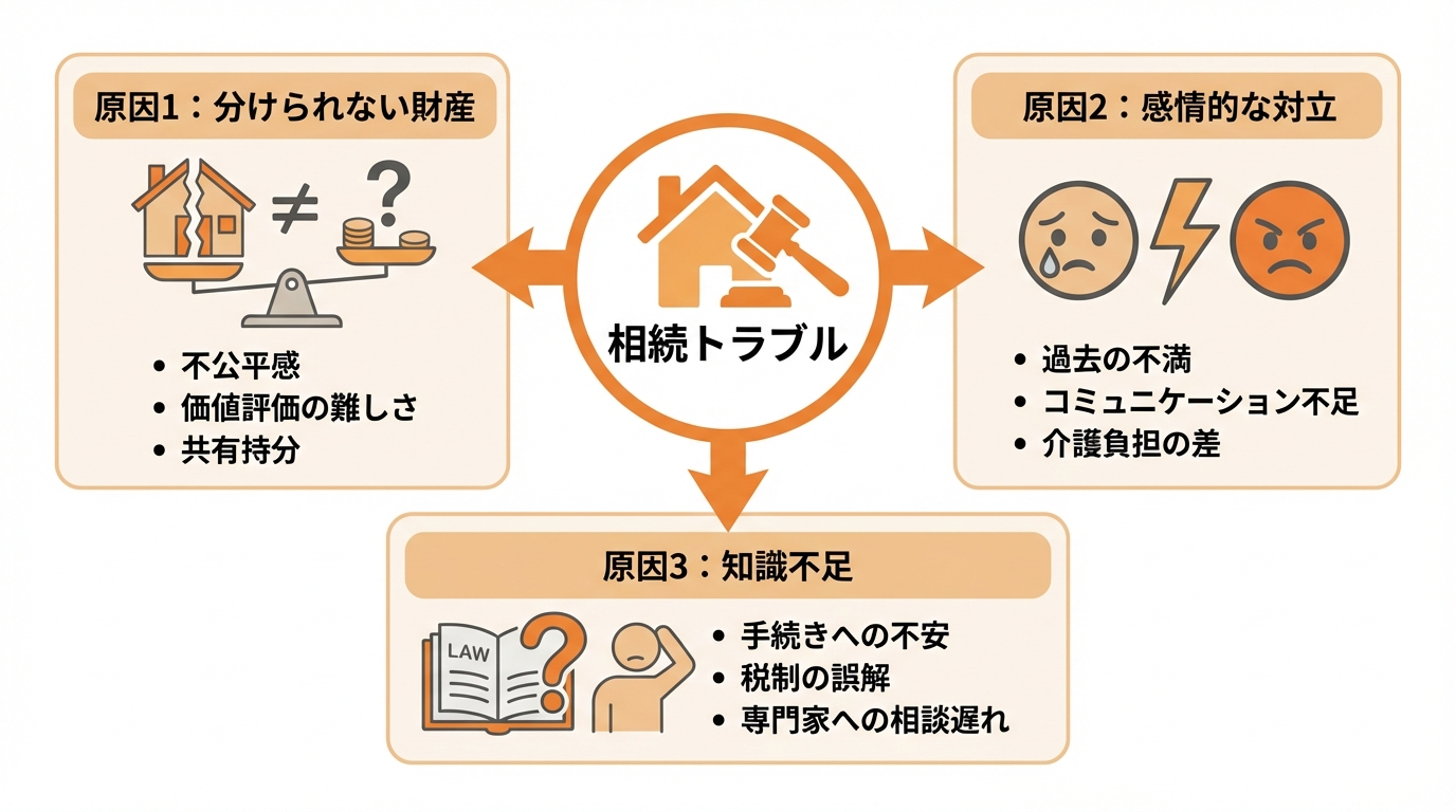 兄弟間の不動産相続が揉める3つの根本原因を示した図解。分けられない財産、感情的な対立、知識不足がトラブルにつながる構造を視覚的に表現しています。