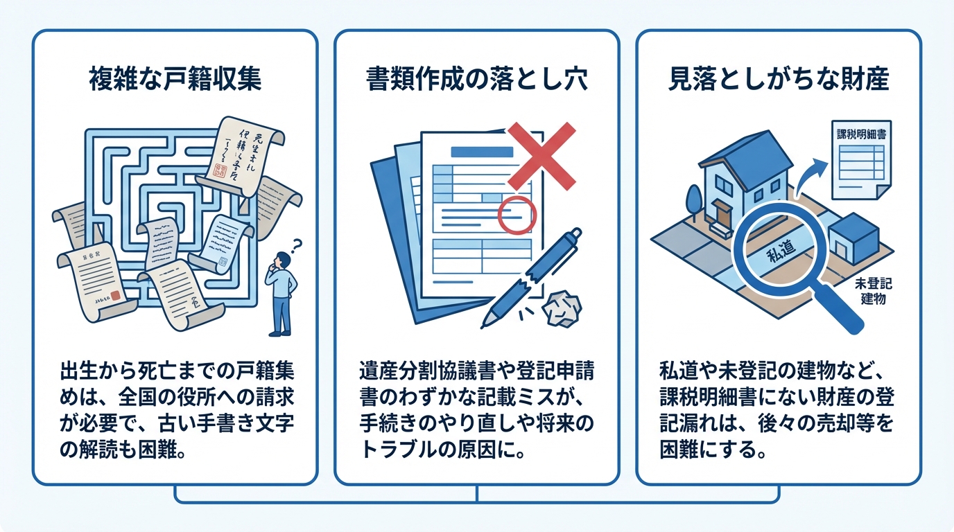 自分で相続登記を進める際の3つの壁を示した図解。複雑な戸籍収集、書類作成の落とし穴、見落としがちな財産という3つの困難がアイコンと共に解説されている。