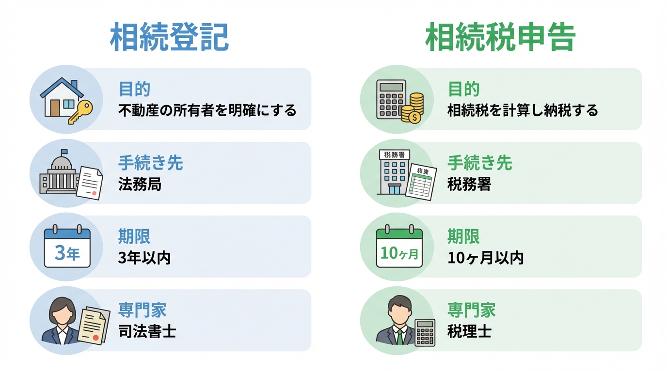 相続登記と相続税申告の「目的」「手続き先」「期限」「専門家」を比較した分かりやすい図解。