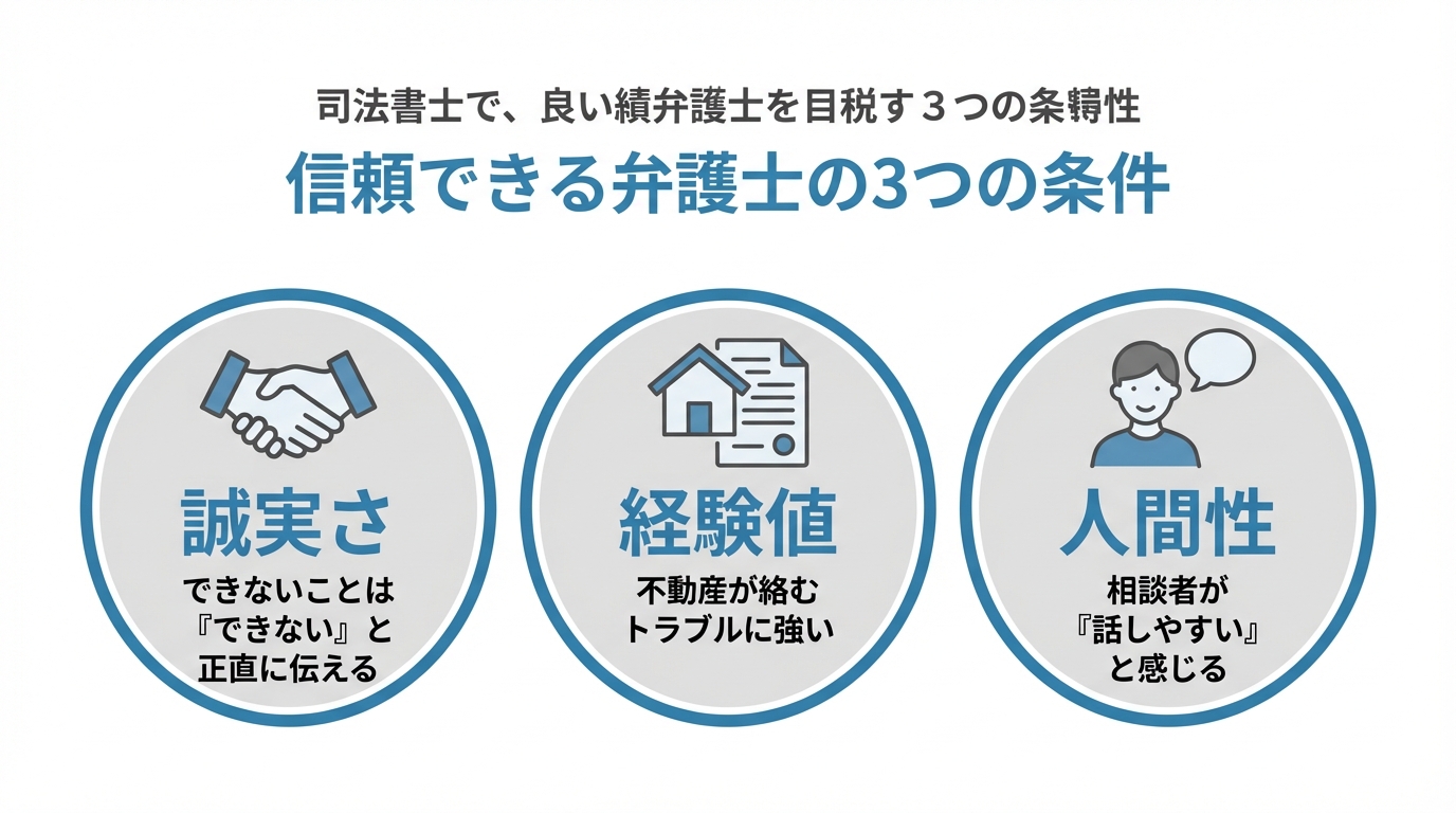 司法書士が解説する、良い相続弁護士を見極めるための3つの視点(誠実さ、経験値、人間性)を示した図解。