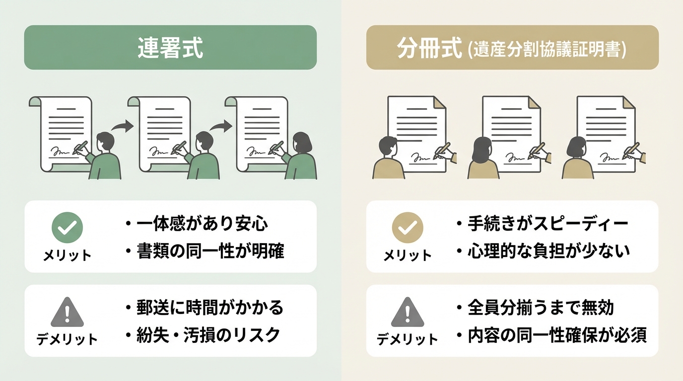 遺産分割協議書の「連署式」と「分冊式」のメリット・デメリットを比較した図解。連署式は安心感があるが時間がかかり、分冊式は早いが全員分揃える必要があることを示している。