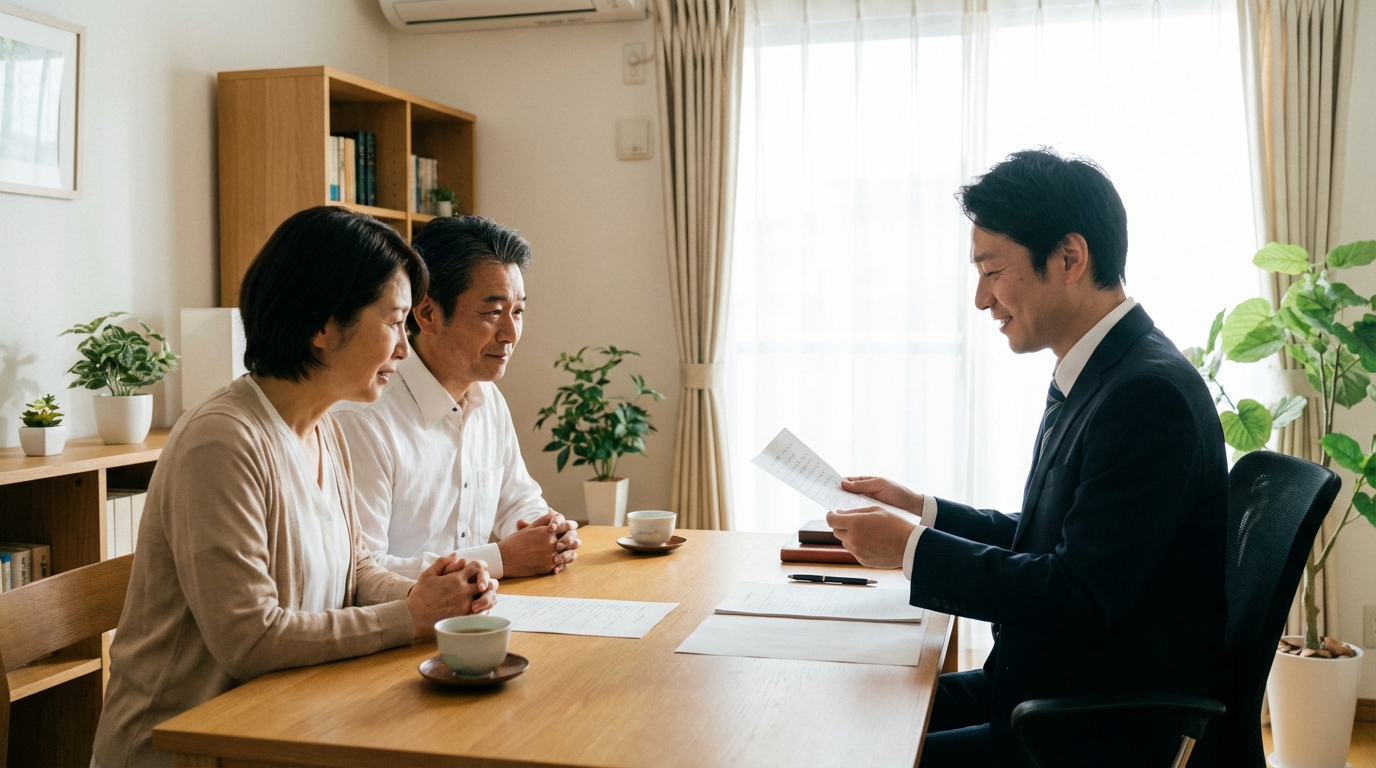司法書士が依頼者夫婦に寄り添いながら、相続人へ送る手紙の文面について丁寧にアドバイスしている様子。