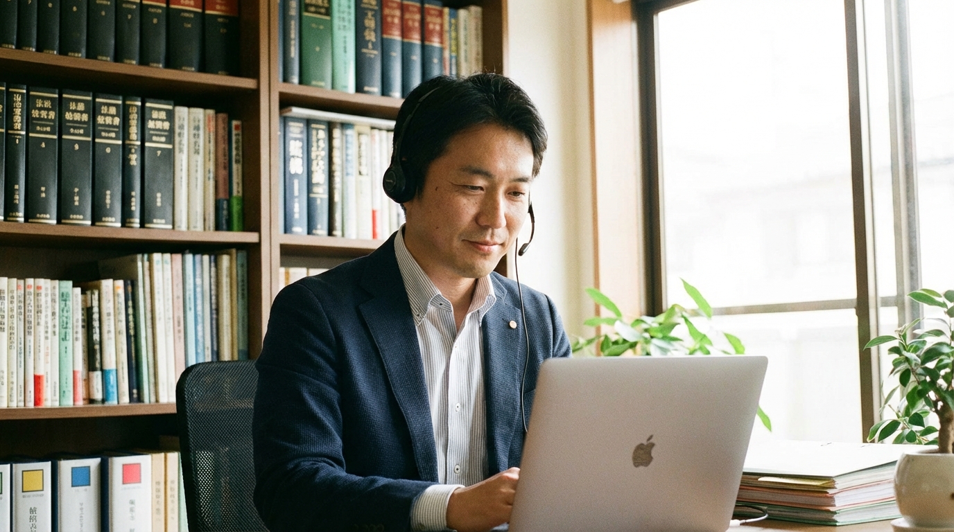 オンラインで相続相談に応じる司法書士。ノートパソコンに向かい、親身な表情で依頼者の話を聞いている。