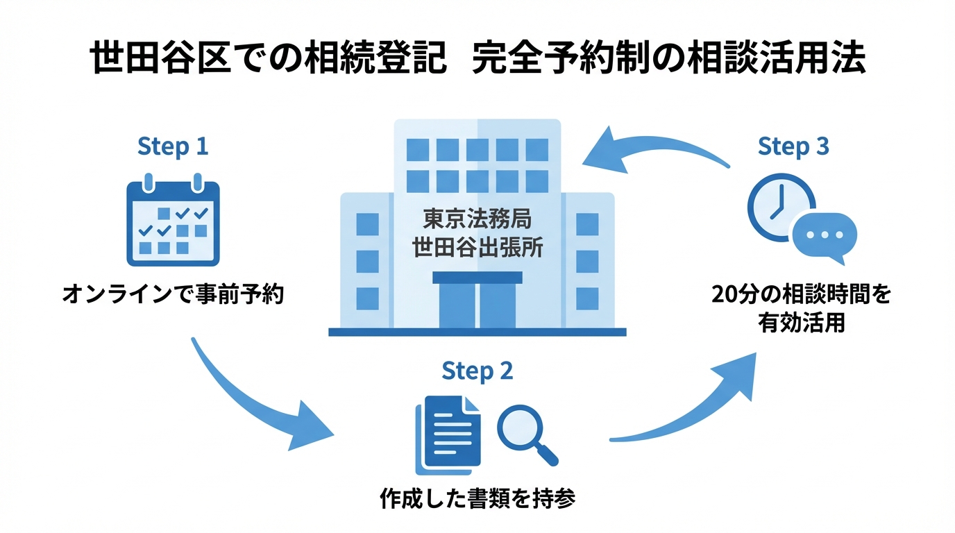 世田谷区の法務局での登記相談を有効活用するための3ステップを示した図解。事前予約、書類持参、時間活用がポイント。
