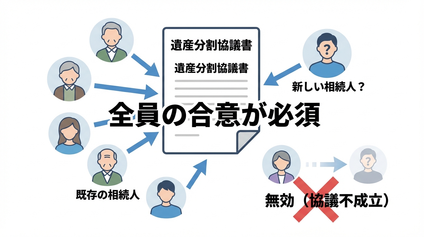 遺産分割協議は相続人全員の参加が必須であることを示す図解。全員の合意があって初めて有効になり、一人でも欠けると無効になることが視覚的にわかる。