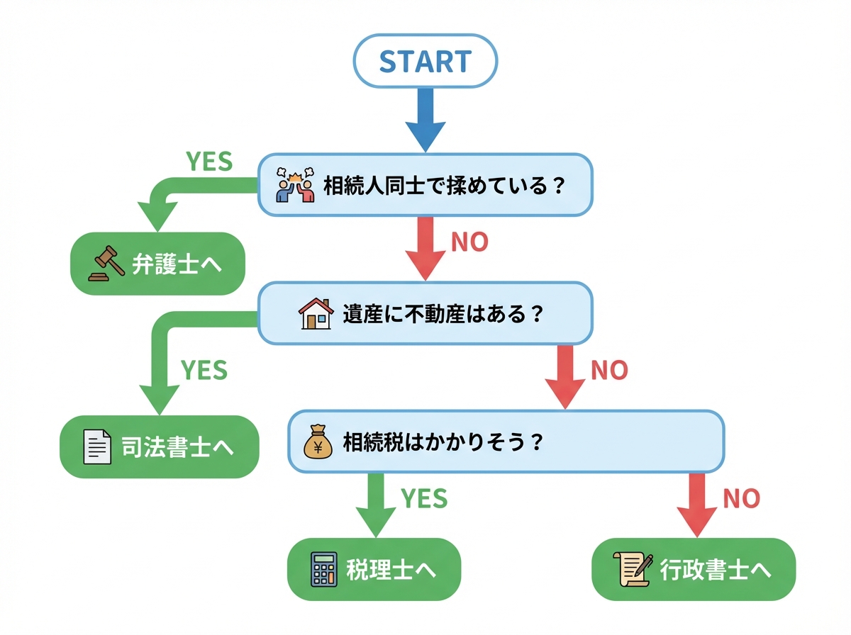 相続の悩みをどの専門家に相談すべきかがわかるフローチャート。「相続人同士で揉めているか」「不動産はあるか」「相続税はかかりそうか」という3つの質問に答えることで、最適な相談先が弁護士、司法書士、税理士、行政書士のいずれかであることがわかる。